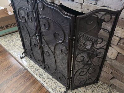 Decorative Wrought Iron 3-Panel Fireplace Screen with Doors - Scroll Design, Deep Bronze Finish