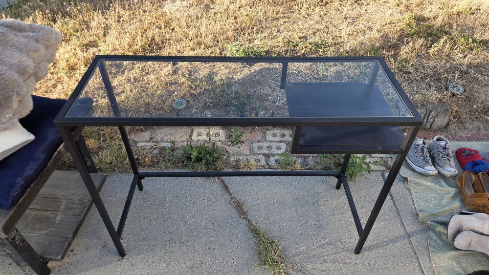 Black Metal & Glass Console Desk/Table with Storage Shelf