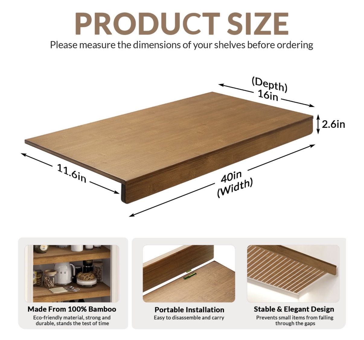 Gashell Bamboo Wire Rack Cover 40in W x 16in D Shelf Liner Top