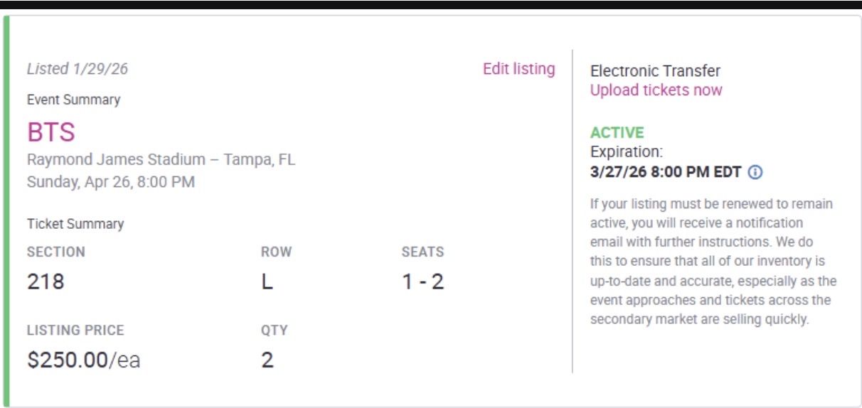 BTS Tampa Florida 2x Tickets