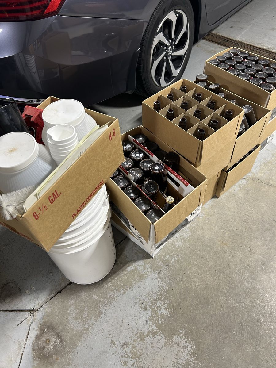 Homebrewing Equipment Lot with Glass Amber Beer Bottles, Buckets, and Accessories