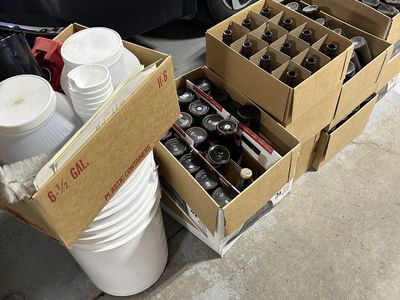 Homebrewing Equipment Lot with Glass Amber Beer Bottles, Buckets, and Accessories