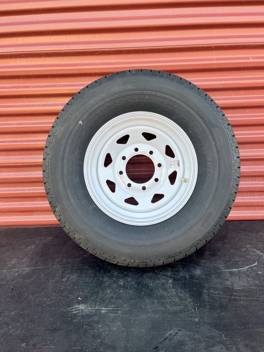 New Free Country ST 235/80 R 16 Trailer Tire Mounted on New White Mod Wheel Super Duty 12 Ply F Load 8 Lug Pattern
