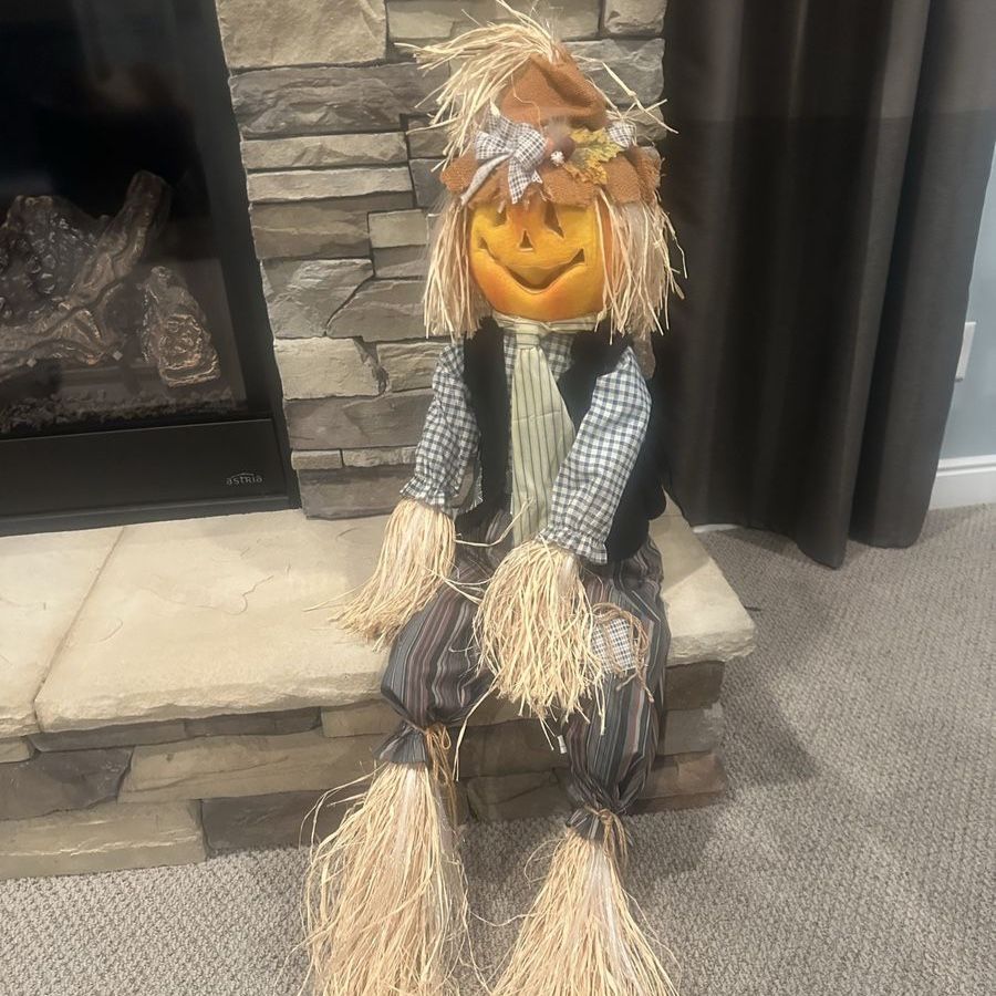 Light-Up Pumpkin Head Scarecrow Sitting Decor - Halloween Autumn Harvest