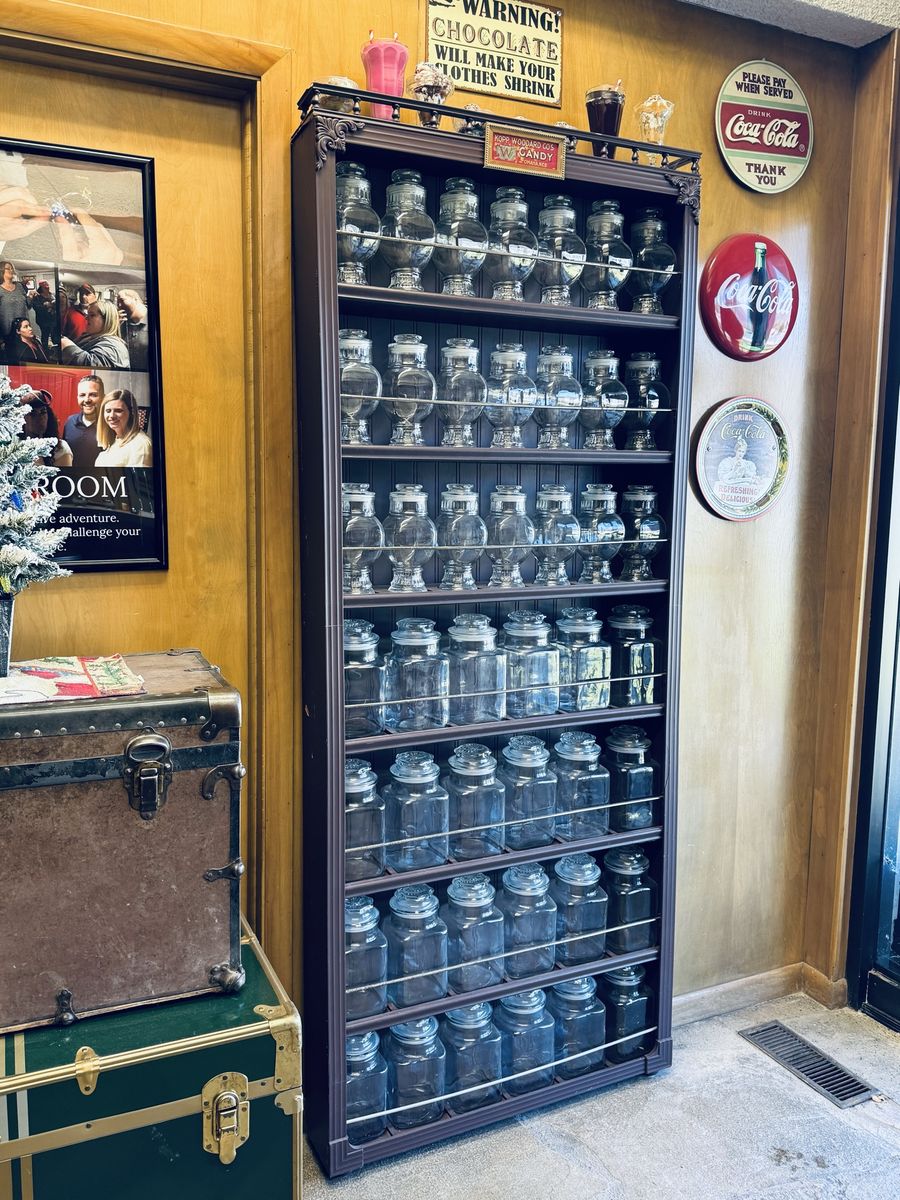 Vintage Style General Store Candy Display Rack with 40 Glass Jars, 5-Tier Wooden Shelf