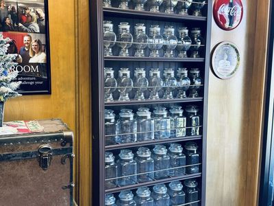 Vintage Style General Store Candy Display Rack with 40 Glass Jars, 5-Tier Wooden Shelf