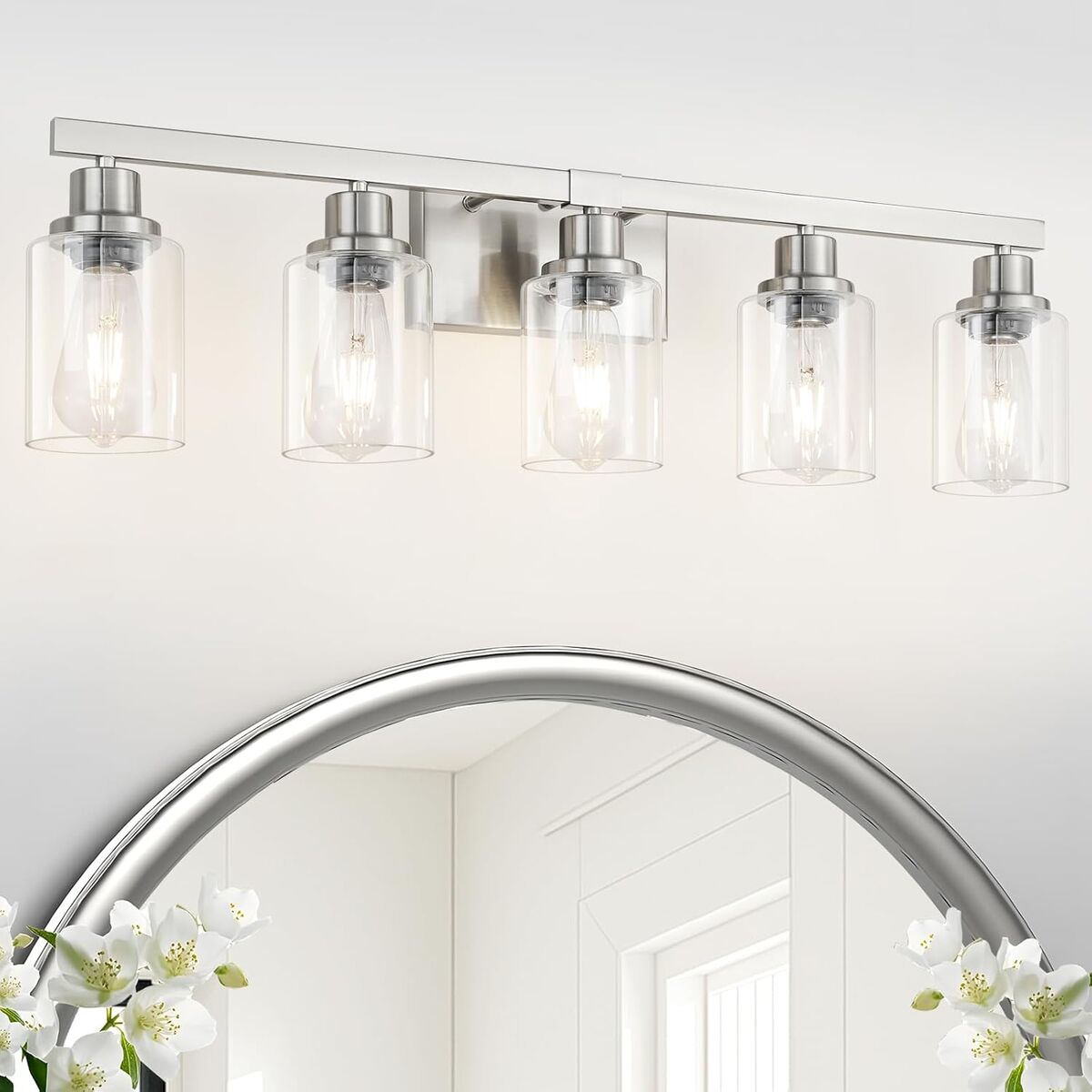 5-Light Nickel Modern Matte Wall Sconce Lighting with Clear Glass Shade