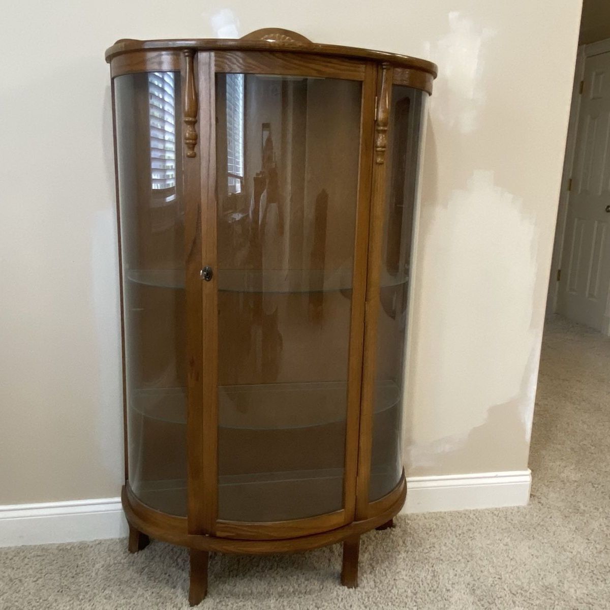 Vintage Curved Glass Oak Curio Cabinet