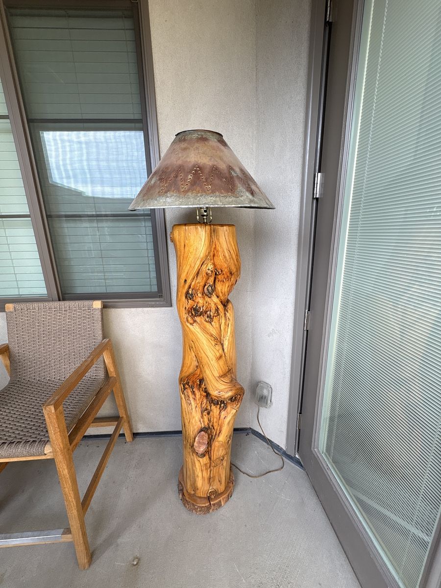 Rustic Log Wood Floor Lamp with Metal Shade - Unique Natural Wood Design