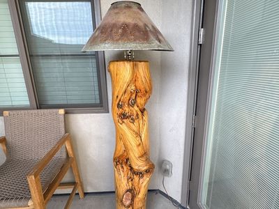 Rustic Log Wood Floor Lamp with Metal Shade - Unique Natural Wood Design