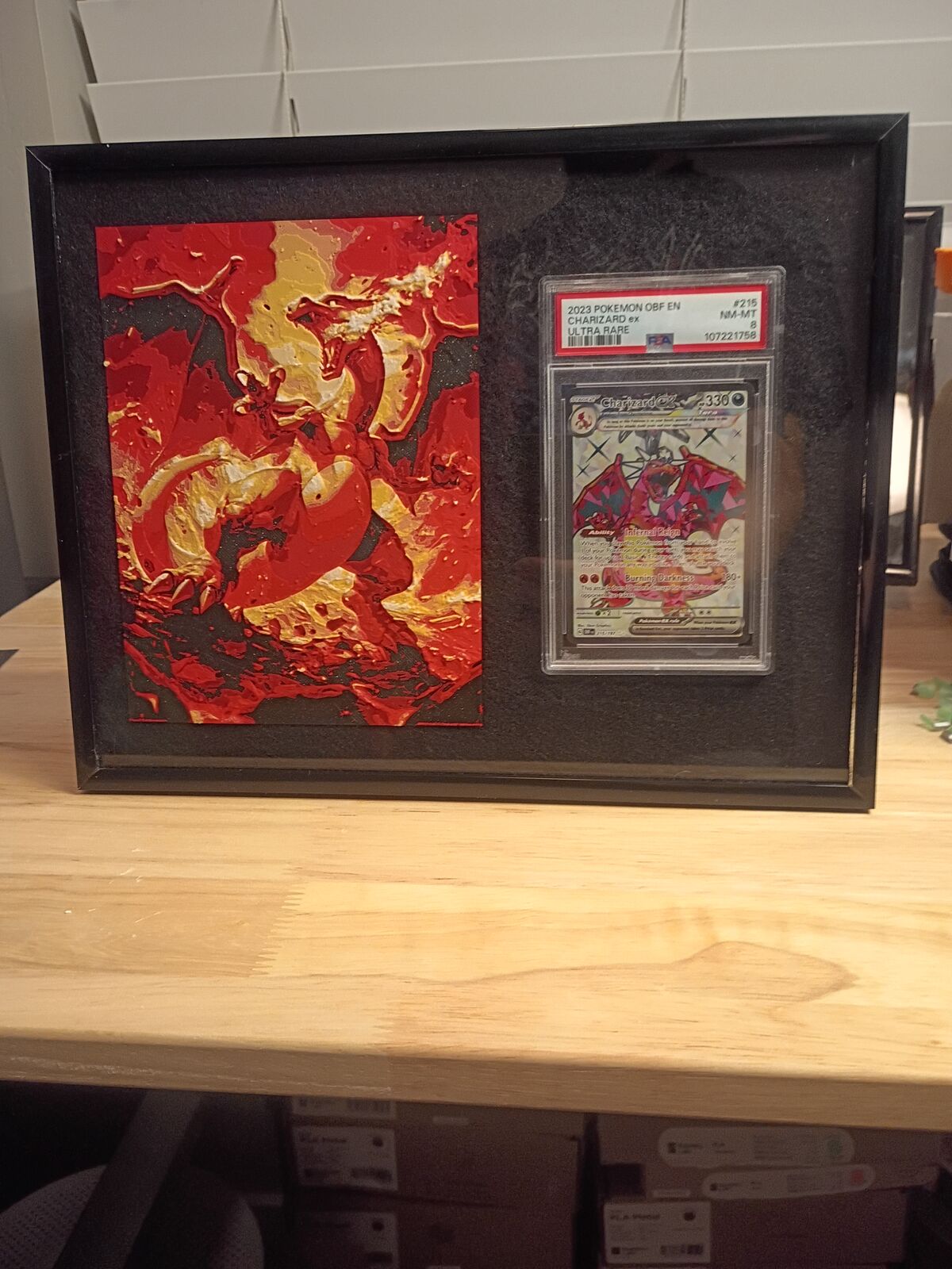 Custom Framed Pokémon Art Display – PSA 8 Charizard ex (2023 Obsidian Flames #215)