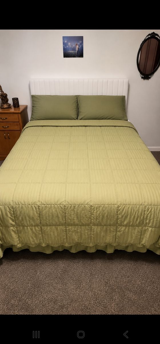Queen Bed with mattress white upholstered headboard