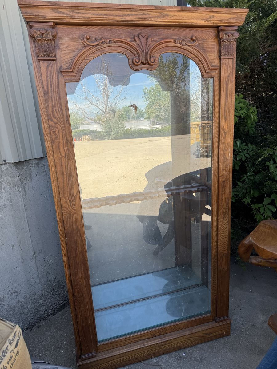 Ornate Oak Wood Gun Display Case Cabinet with Glass Front and Shelves
