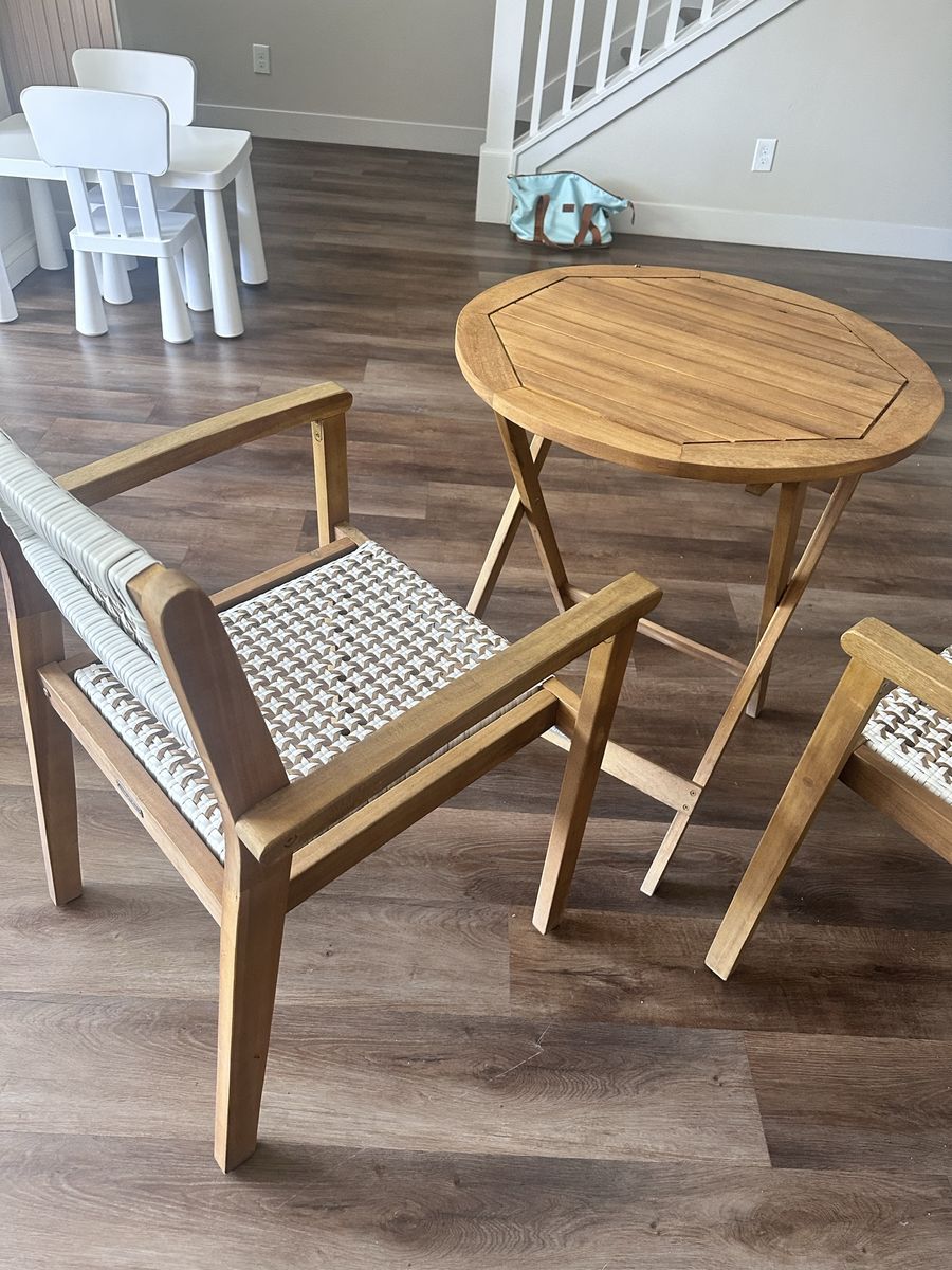 Nautica Wooden Outdoor Patio Bistro Set with Folding Table and Woven Armchairs