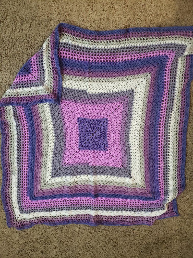 Handmade Crocheted Purple and White Baby Blanket