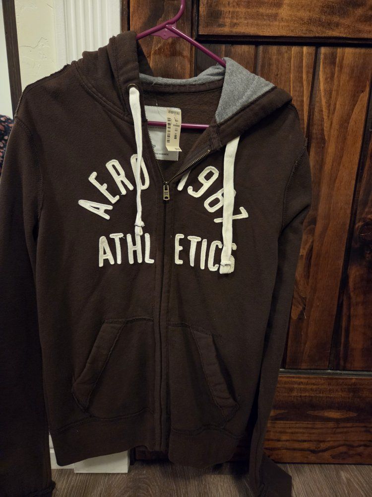 Aeropostale Brown Full-Zip Hoodie S/P with "AERO 1987 ATHLETICS" Graphic