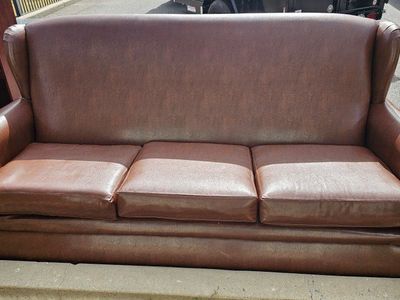 Classic Brown Faux Leather Sofa - 3-Seater Wingback Style Couch