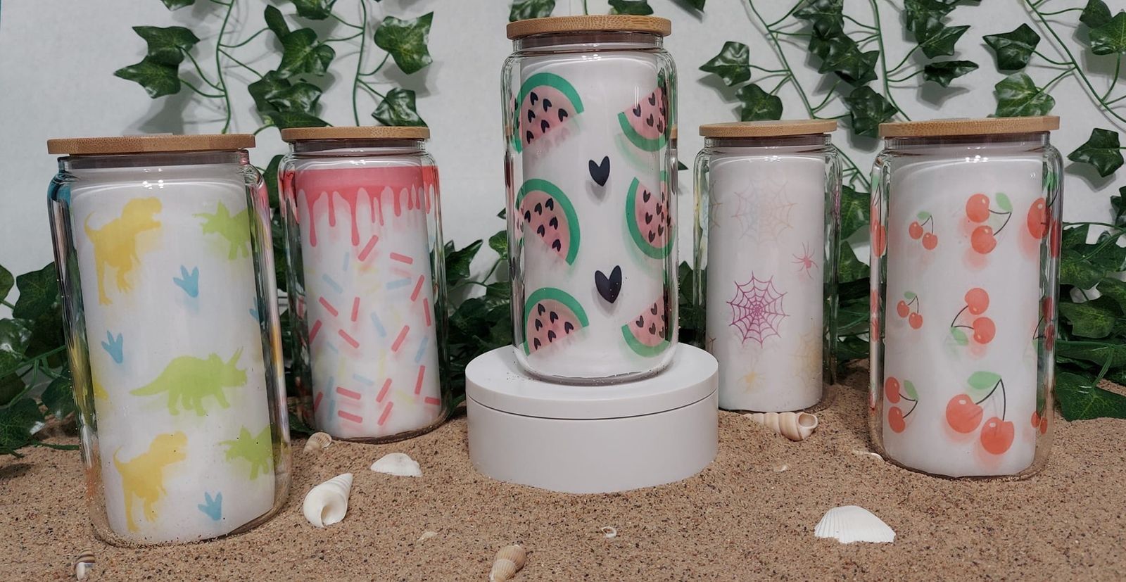 Custom Glass Tumblers - Watermelon, Dinosaurs, Sprinkles, Spiderweb, Cherries | Bamboo Lid/ metal and plastic straws included