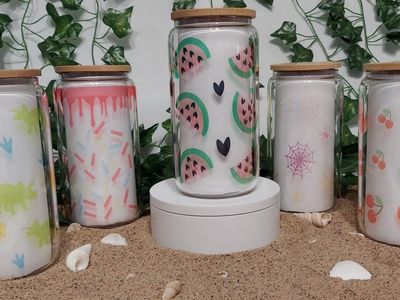 Custom Glass Tumblers - Watermelon, Dinosaurs, Sprinkles, Spiderweb, Cherries | Bamboo Lid/ metal and plastic straws included