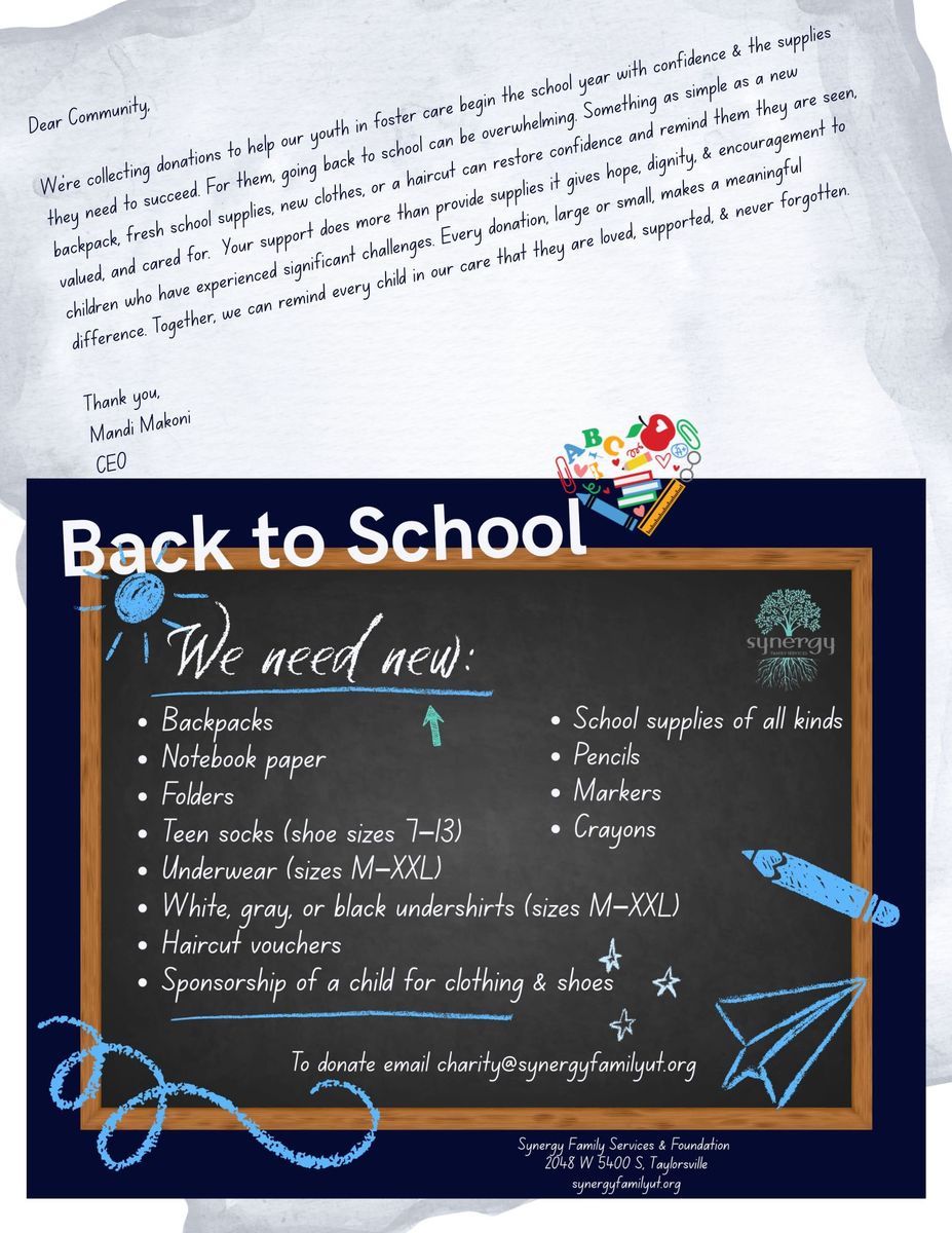 Synergy Family Foundation - Back to School Donations - Backpacks, School Supplies