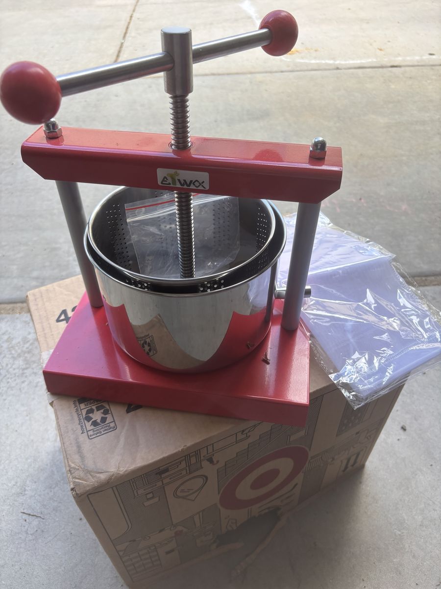 Unbranded Stainless Steel Fruit Press with T-Handle - 1 Gallon Capacity & Filter Bag (New)