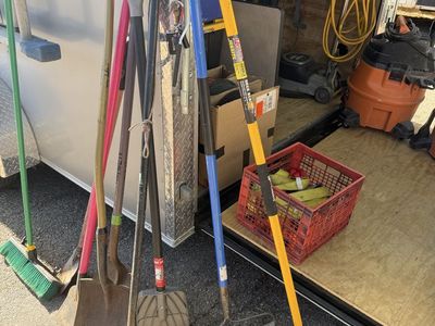 Assorted Used Garden & Yard Tools: Rakes, Shovels, Broom, roofing stripper/floor stripper CASH ONLY.