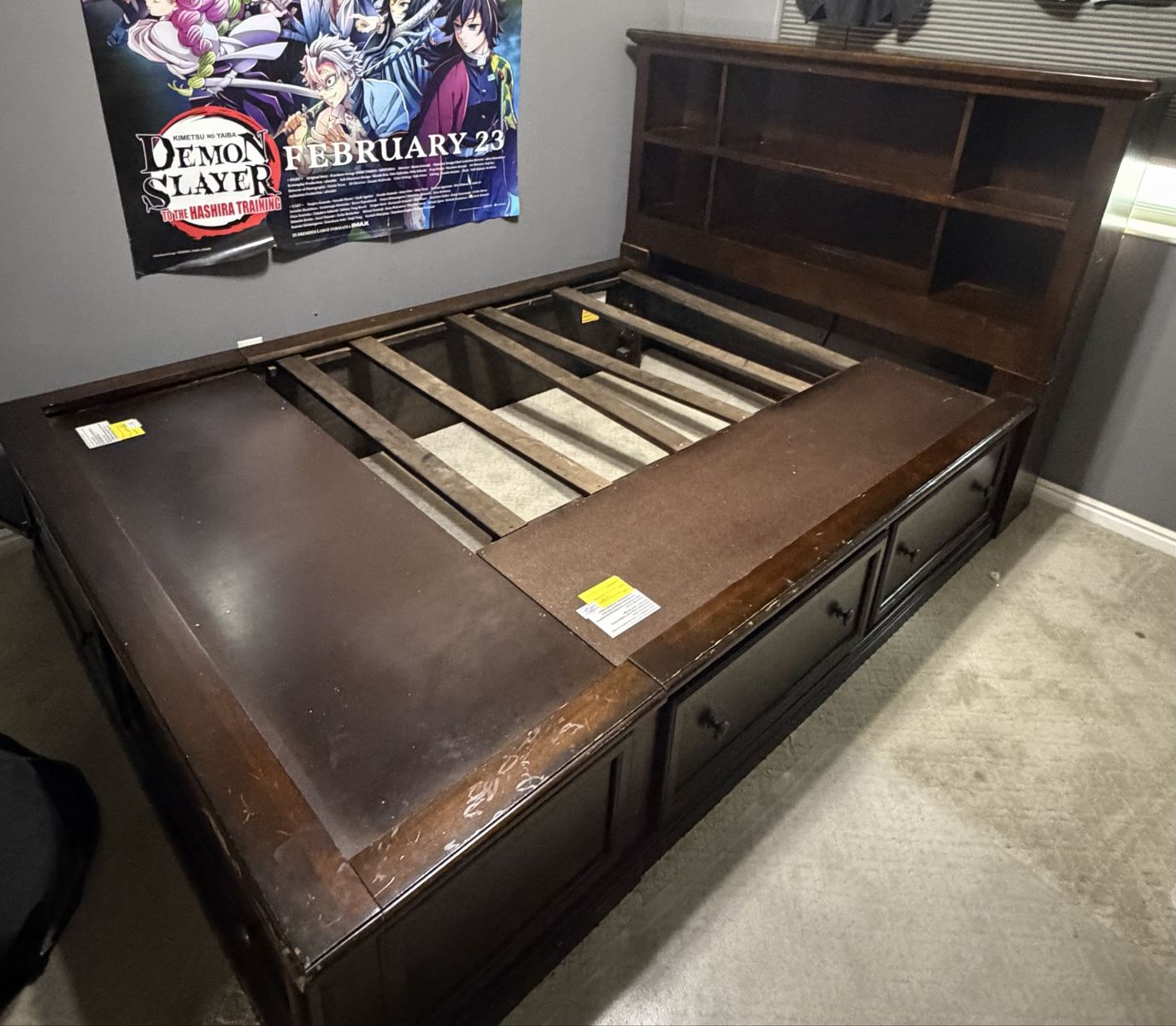 American Signature Collection Full size Wooden Storage Bed Frame with Bookcase Headboard and Built-in Power Outlets