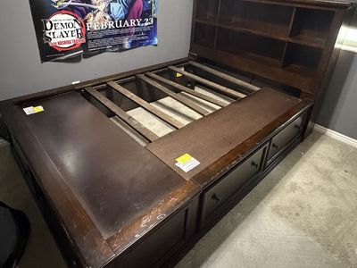 American Signature Collection Full size Wooden Storage Bed Frame with Bookcase Headboard and Built-in Power Outlets