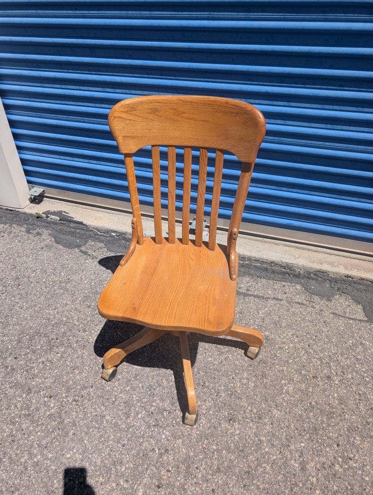 Vintage Solid Wood Oak Office Chair with Casters - Swivel Desk Chair