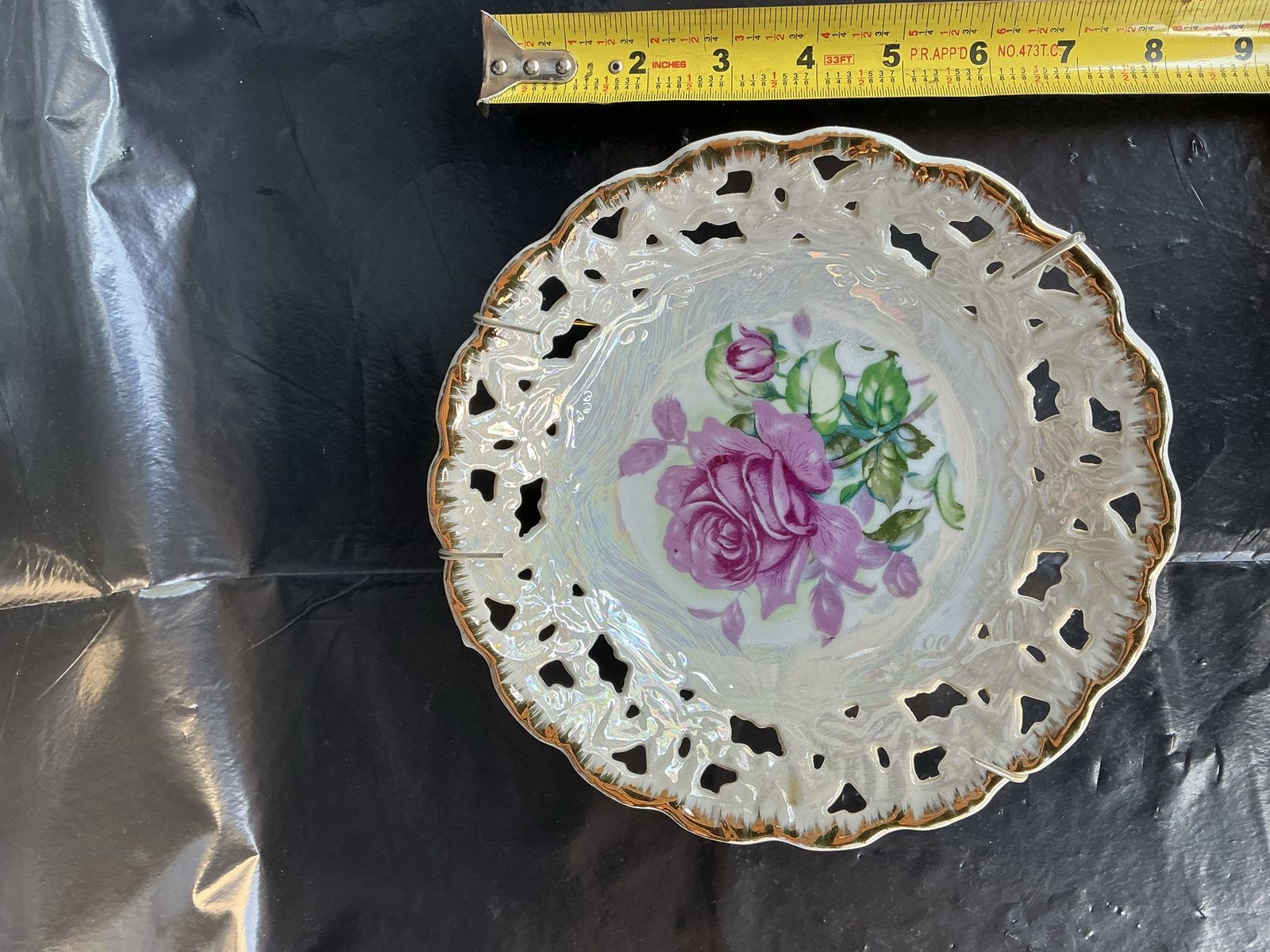 Vintage porcelain reticulated (pierced lace border) lusterware bowl