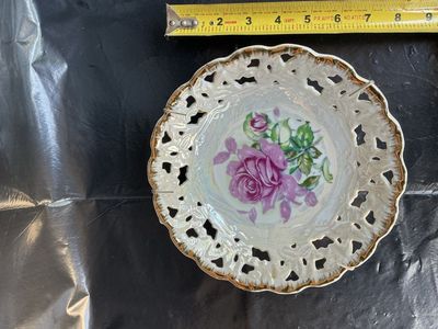 Vintage porcelain reticulated (pierced lace border) lusterware bowl