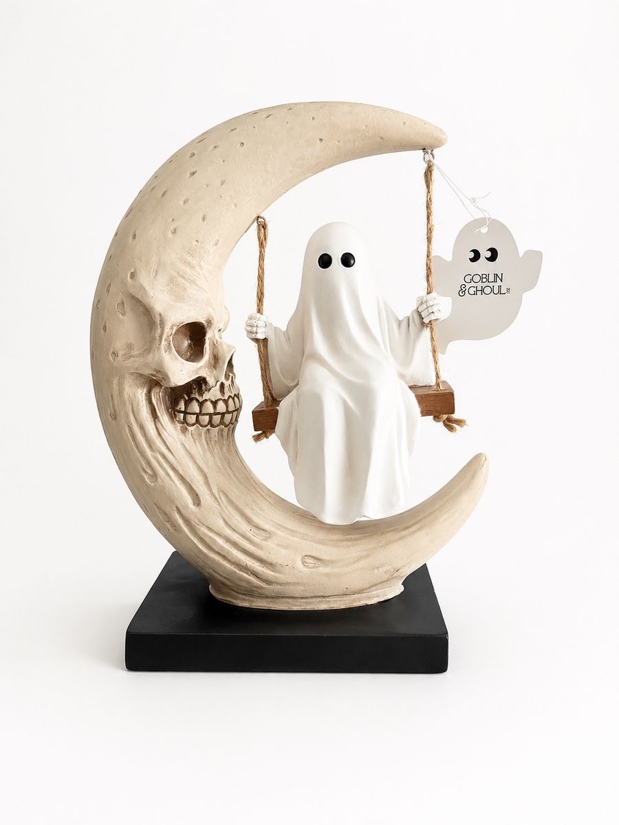 Goblin & Ghoul Ghost on Swing with Skull Moon Halloween Decor New