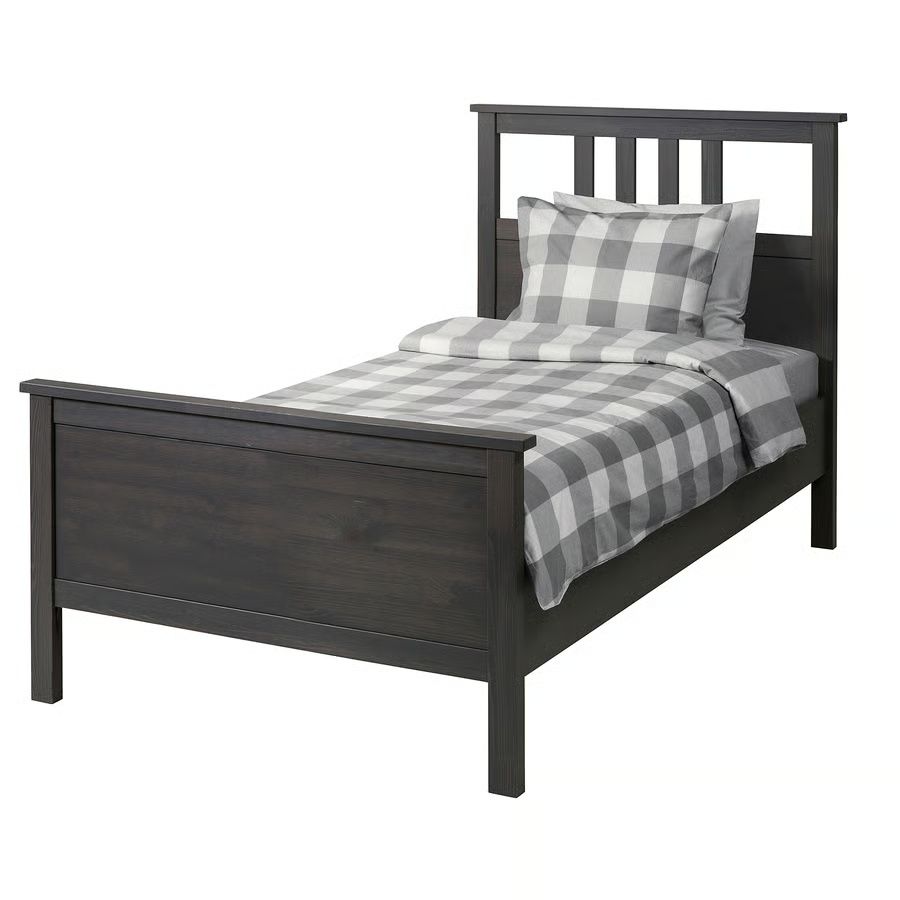 IKEA HEMNES ($190 OBO) twin bed frame in dark gray stain (used) with slatted wood base