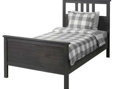 IKEA HEMNES ($190 OBO) twin bed frame in dark gray stain (used) with slatted wood base