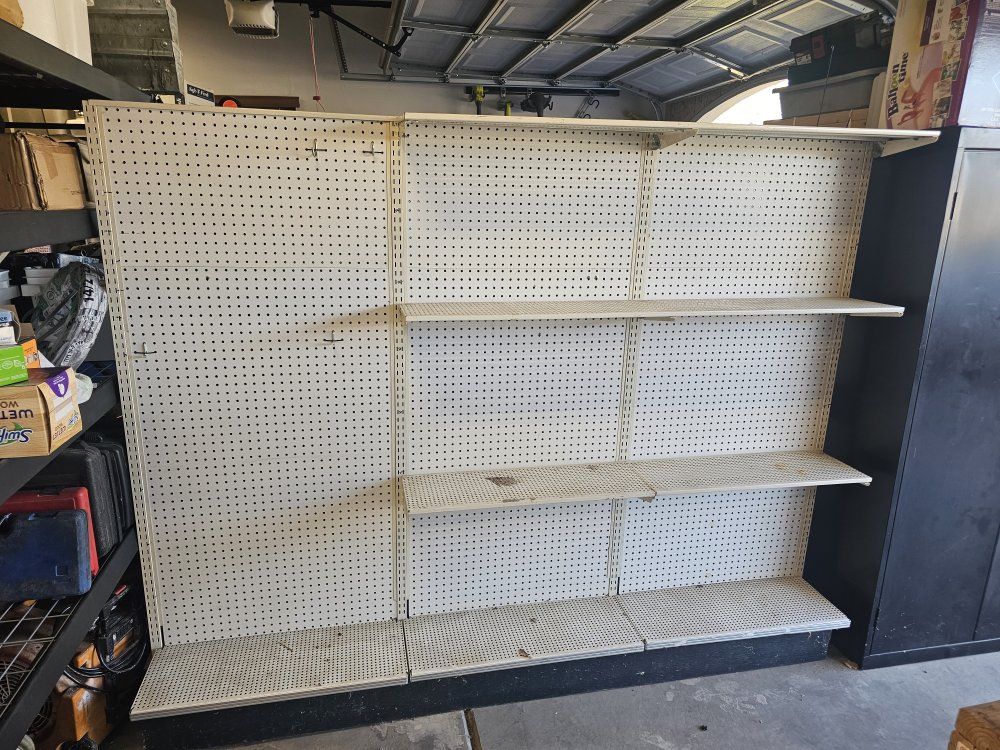 Retail Pegboard Gondola Shelving Unit - 3 Sections, Multiple Shelves & Pegboard Backing
