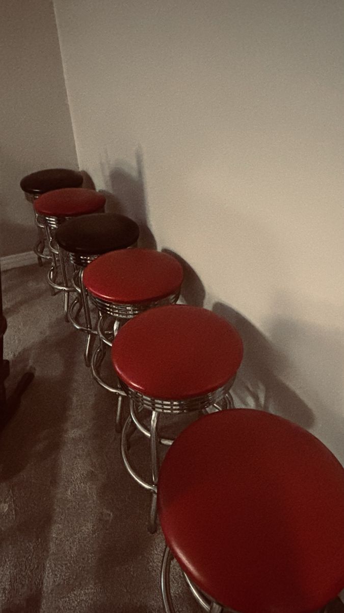 Set of 6 Red & Black Swivel Bar Stools with Chrome Base
