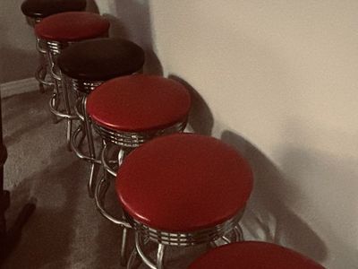 Set of 6 Red & Black Swivel Bar Stools with Chrome Base