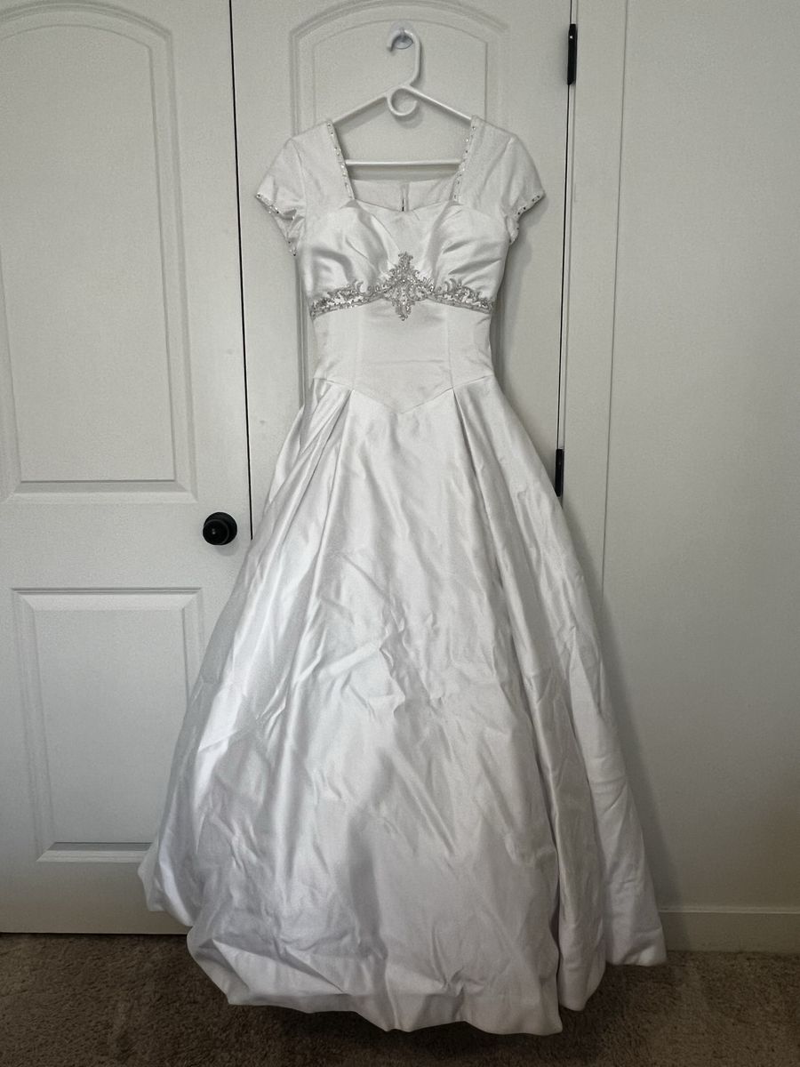 White Short-Sleeve A-Line Satin Wedding Dress with Beaded Waist Detail
