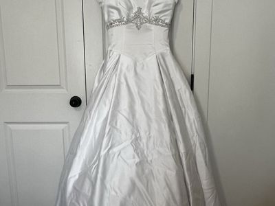 White Short-Sleeve A-Line Satin Wedding Dress with Beaded Waist Detail