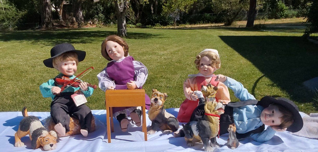 Vintage Porcelain Doll Collection - Boy Playing Violin, Girl w/ Dogs, Girl w/ Desk set of 4 dolls