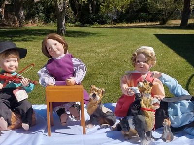 Vintage Porcelain Doll Collection - Boy Playing Violin, Girl w/ Dogs, Girl w/ Desk set of 4 dolls