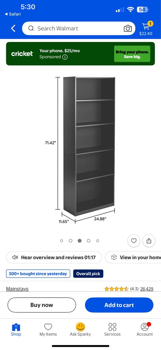 Mainstays 5-Shelf Bookcase Black 71.42" x 24.88" Used Fair