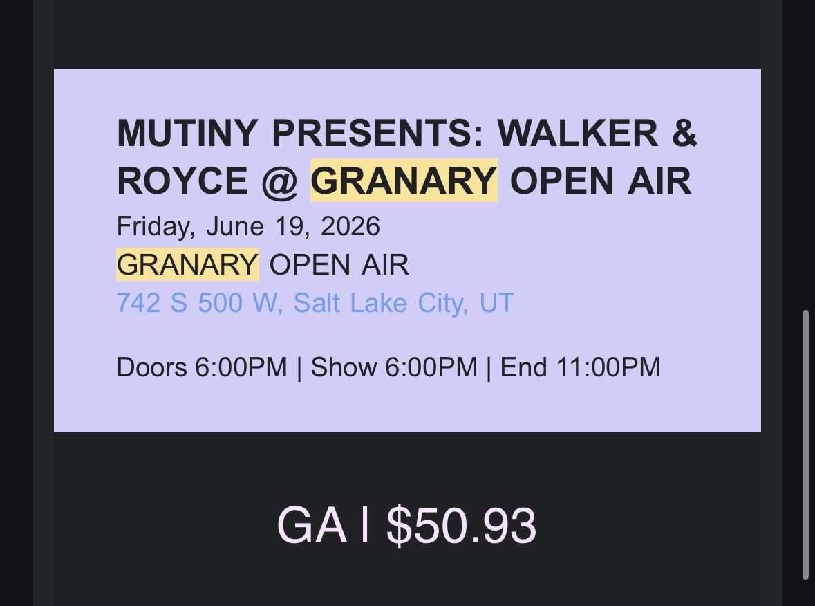 2 tickets - walker & royce @ Granary Live