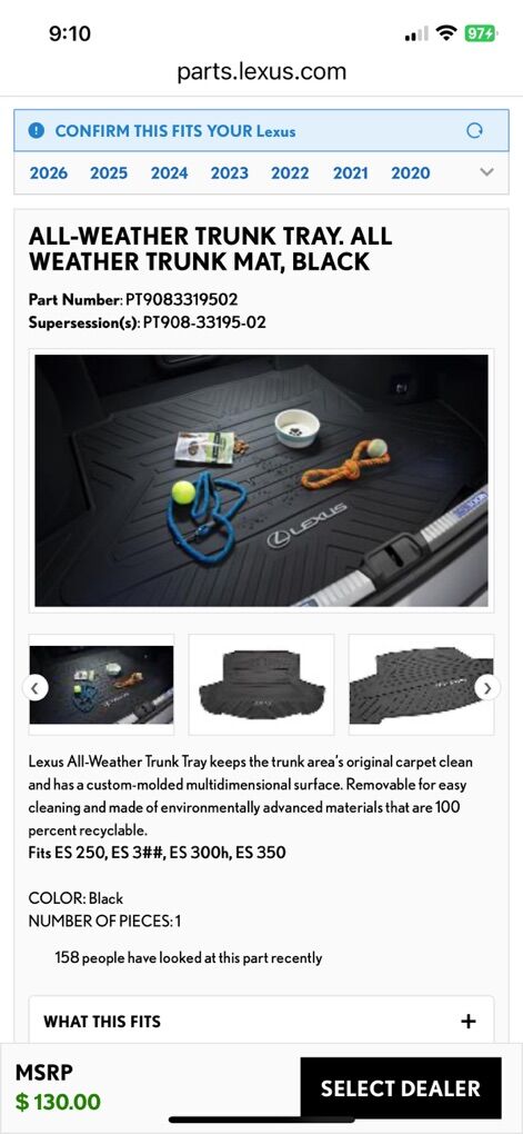 New All Weather Trunk Mat, Lexus ES ES350, ES300H