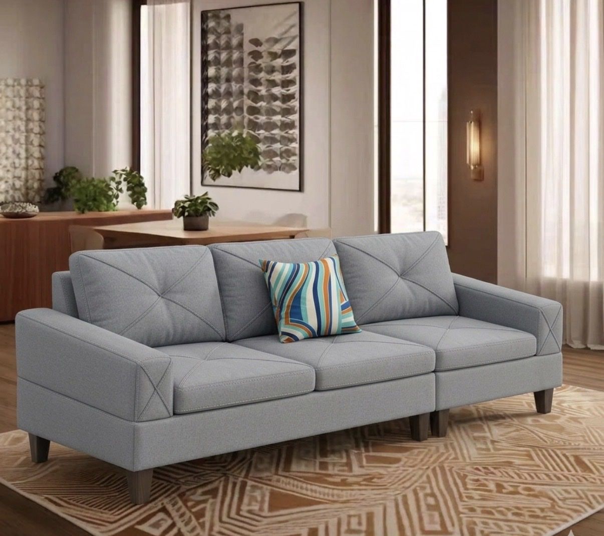 New in Box: Modern 3-Seater Grey Sofa with Geometric Stitching RIGHT SOFA & WEDGE