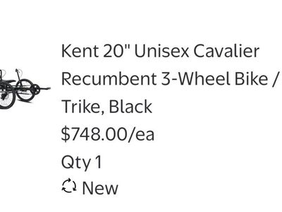 Kent 20" Cavalier Recumbent 3-Wheel Bike / Trike - Black