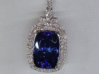 Oscar Friedman Platinum 10.36ct Cushion Tanzanite & Diamond Pendant