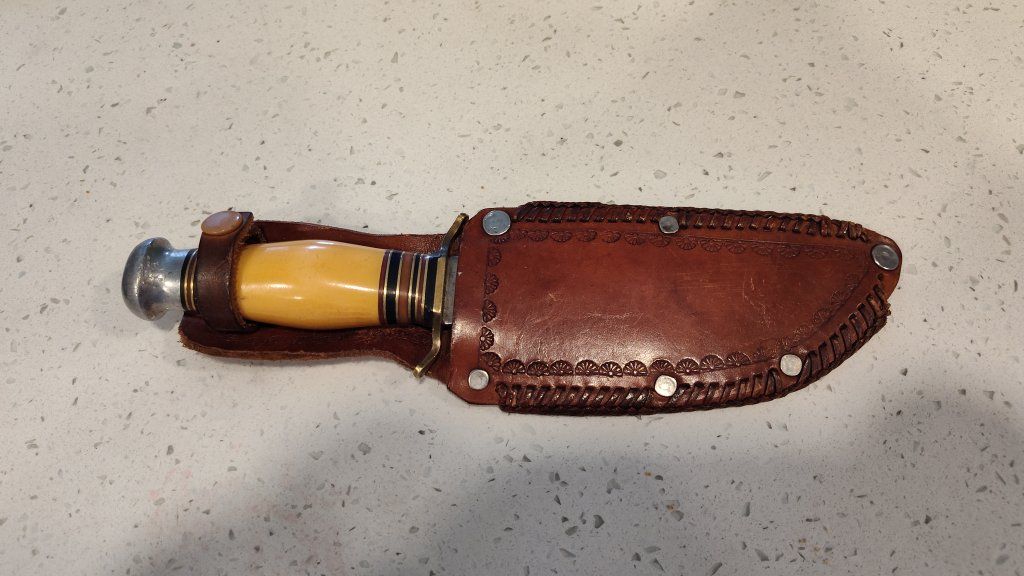 Vintage Kinfolks Inc. Hunting Knife with Bone Handle & Leather Sheath - Used Condition