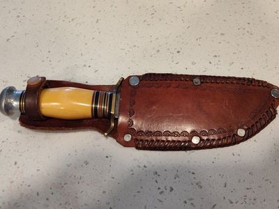 Vintage Kinfolks Inc. Hunting Knife with Bone Handle & Leather Sheath - Used Condition
