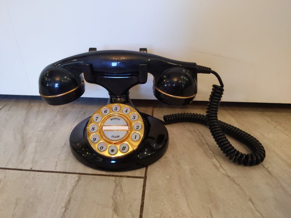 Vintage-Style Black Push Button Rotary Phone, Gold Accents, Corded